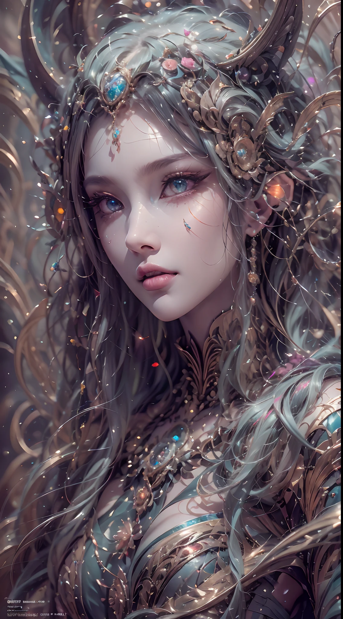 （best qualtiy，ultra - detailed，Most Best Illustration，Best shadow，tmasterpiece，A high resolution，professionalartwork，famousartwork），Detailed eyes，beautidful eyes，closeup cleavage，sci-fy，colored sclera，Robot eyes，face markings，Tattooed with，（fractalized，Fractal eyes），largeeyes，Wide eyes，（Eye focus），sface focus，Cosmic eyes，Space eyes，Close-up of metal sculpture of a woman with a moon in her hair，goddes。extremly high detail，3 d goddess portrait，Extremely detailed footage of the goddess，a stunning portrait of a goddess，Side image of the goddess，portrait of a beautiful goddess，Full body close-up portrait of the goddess，hecate goddess，portrait of a norse moon goddess，goddess of space and time