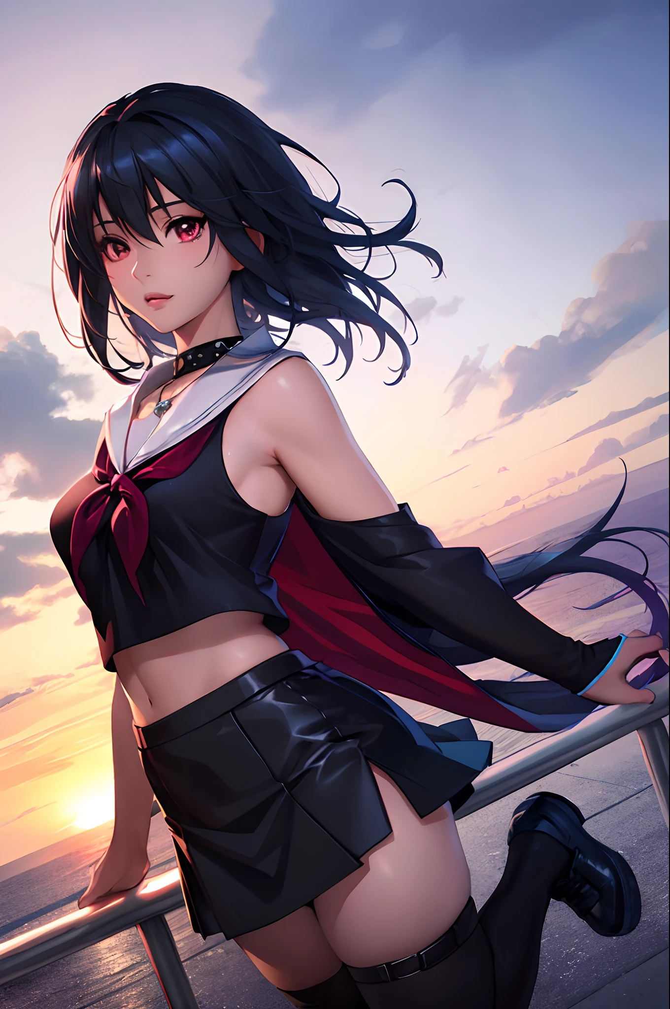 (Best quality, Ultra-detailed, Photorealistic:1.37), 3D anime style girl with red staright hair, A girl with beautiful and delicate facial features and long eyelashes, Intense red eyes that reflect light, lusciouslips, Multi-colored crystal necklace, Black school uniform with short skirt, Clear black border thigh stockings, Perfect figure, full body shot of, Shot in ultra-wide angle anime style photography, riyaz grameri high school dxd