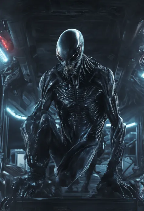Venom possesses aliens，Full-body posture，Liquid armor，high - tech，Laser laser，Delicate picture