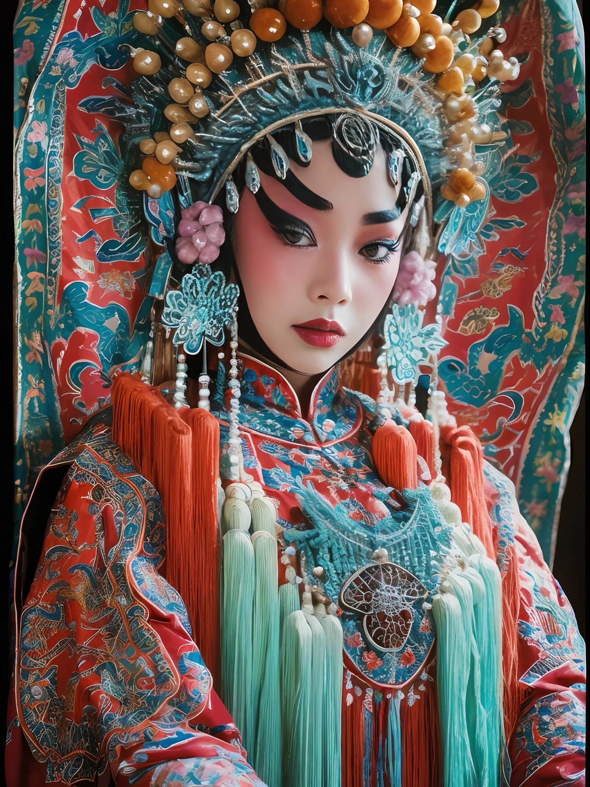 tmasterpiece：（（（CNOperaFlag）））， 8K，Portrait Photogram，Shocking，movie picture quality，。CNOperaCrown， From the front， looking at viewert， Beautiful makeup，Detailed portrayal of the face。Exquisite headdress， Gorgeous costumes， nipple tassels。Chinese red，cloisonne