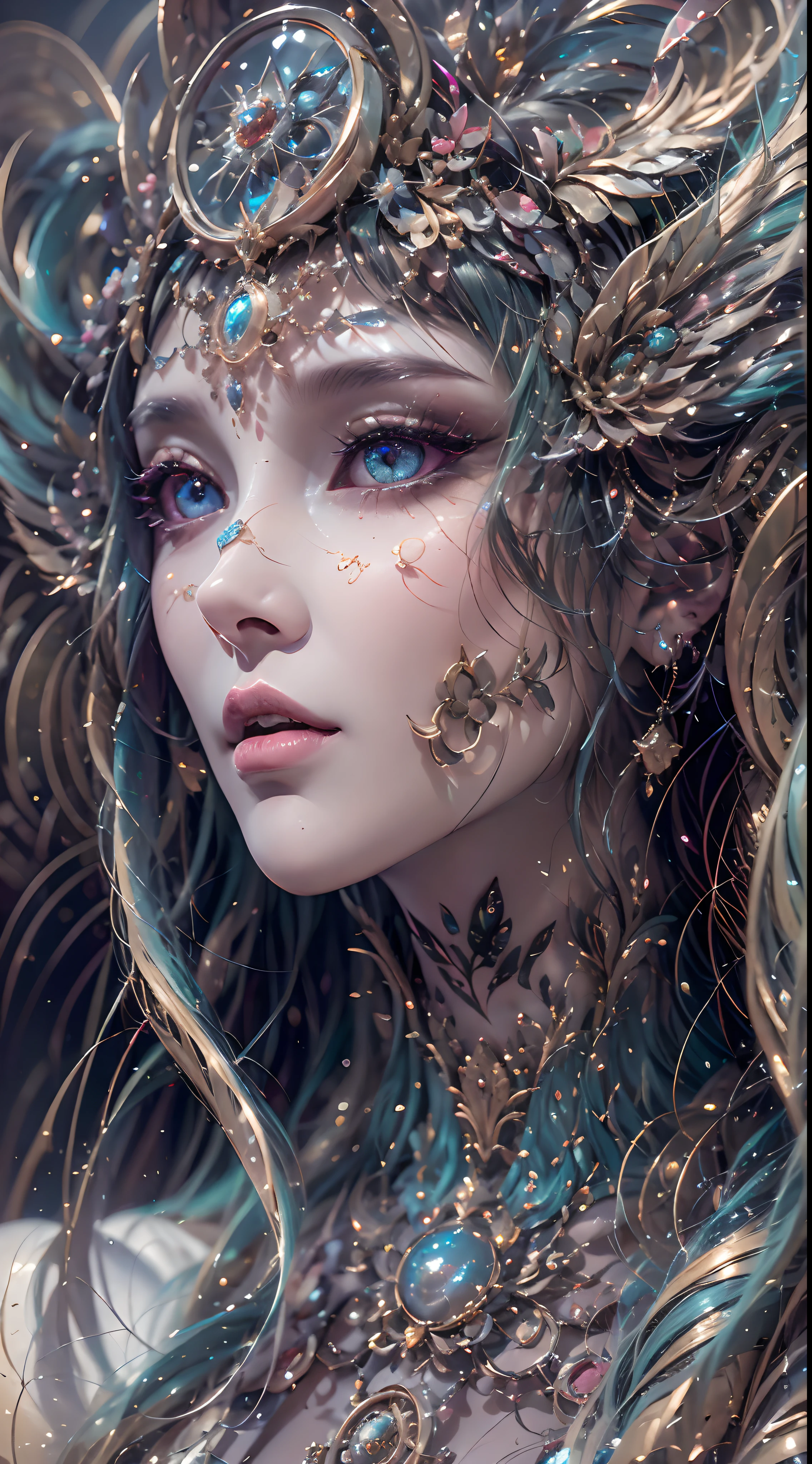 （best qualtiy，ultra - detailed，Most Best Illustration，Best shadow，tmasterpiece，A high resolution，professionalartwork，famousartwork），Detailed eyes，beautidful eyes，closeup cleavage，sci-fy，colored sclera，Robot eyes，face markings，Tattooed with，（fractalized，Fractal eyes），largeeyes，Wide eyes，（Eye focus），sface focus，Cosmic eyes，Space eyes，Close-up of metal sculpture of a woman with a moon in her hair，goddes。extremly high detail，3 d goddess portrait，Extremely detailed footage of the goddess，a stunning portrait of a goddess，Side image of the goddess，portrait of a beautiful goddess，Full body close-up portrait of the goddess，hecate goddess，portrait of a norse moon goddess，goddess of space and time