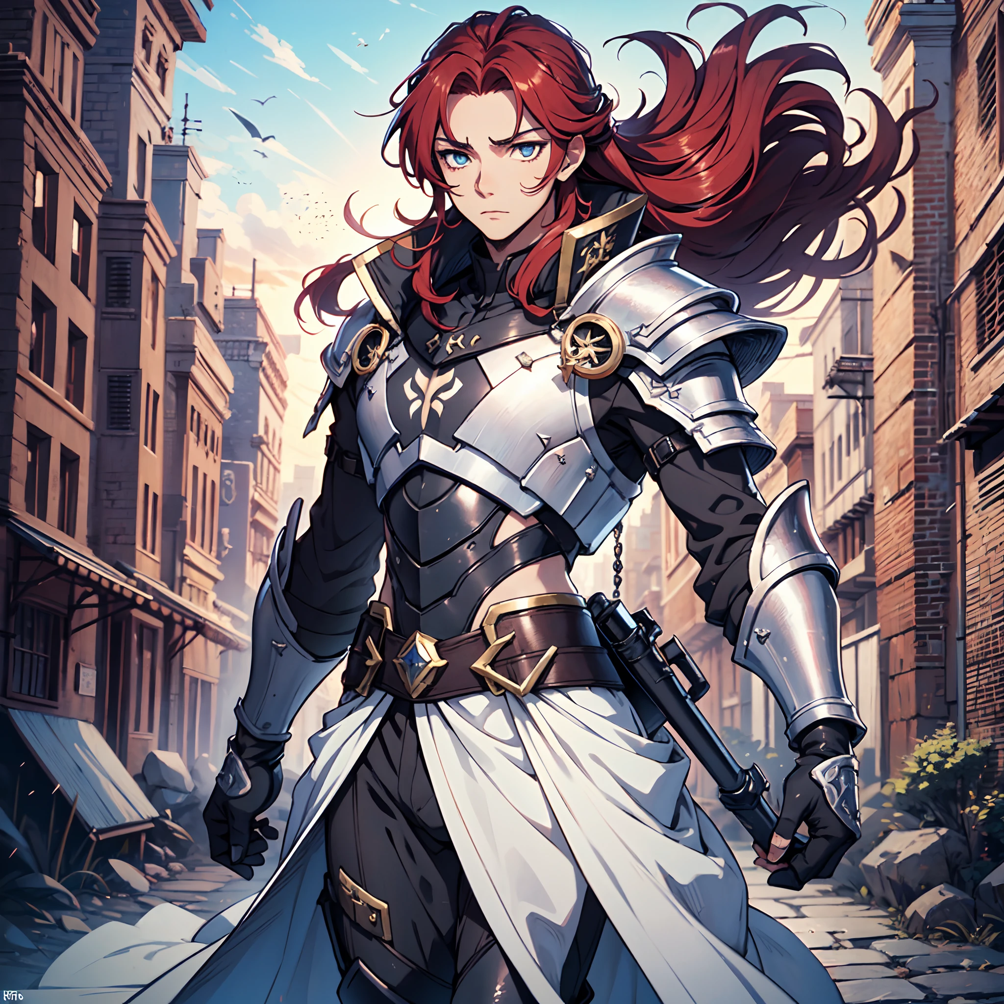 Ultra High Definition, Ultra High Quality, Extremely Detailed, Perfectly Detailed, Masterpiece, 8k, 1 Boy, Look A Like Xin From Kingdom Anime, Handsome, Equipped With All Solid Black Paladin Armor, Solid Light Blue Eyes, Long Red Hair, Body Shot, Ancient Kingdom Background