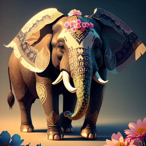 a close up of a paper cut of an elephant surrounded by flowers, digital art by Natasha Tan, trending on cg society, digital art, ganapati, ganesha, beautiful digital artwork, archan nair, colored elephant art, detailed digital 3d art, beautiful design, hig...