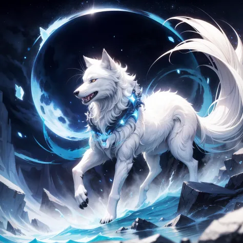 (wolf:1.2,animal,ferocious,warped,white fur,deep eyes,piercing gaze,evocative pose,proud stance,greek mythology:1.1,night sky filled with stars:0.9)