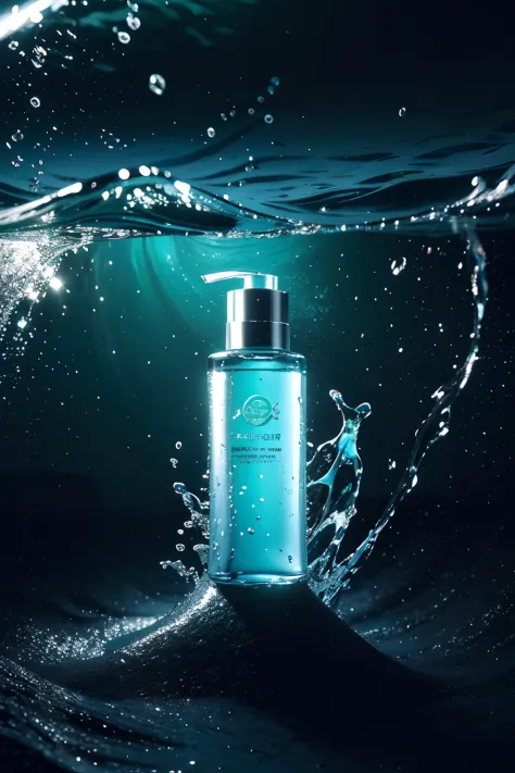 A bottle of facial cleanser，Footage representing the splashing of product packaging in water, in the style of realistic and hyper detailed renderings, Light indigo and emerald, Works inspired by nature, fashwave, Fragmented advertising, magewave, Detailed ...