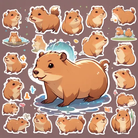 sheet of capybara stickers,multiple poss and expressions ,a individual UI design app icon UI interface [happy,angry,sad,cry,cute,expecting,laughing,dispointed],f/64 grouprelated characters