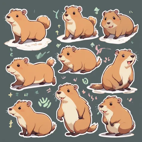 sheet of capybara stickers,multiple poss and expressions ,a individual UI design app icon UI interface [happy,angry,sad,cry,cute,expecting,laughing,dispointed],f/64 grouprelated characters