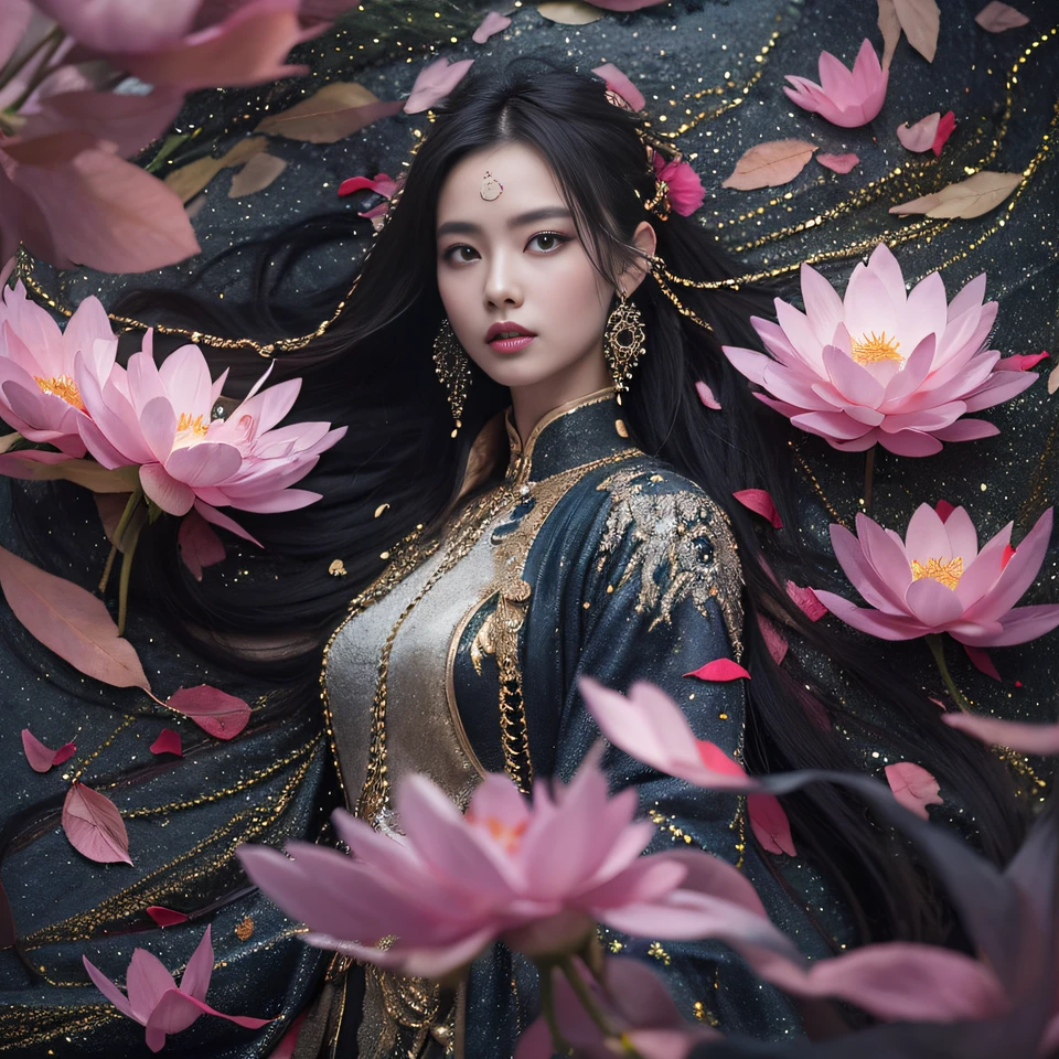 2K（tmasterpiece，k hd，hyper HD，32K）Long flowing black hair，ponds，zydink， a color， Aozhou people （Concubine girl）， （Silk scarf）， Combat posture， looking at the ground， long whitr hair， Floating hair， Carp pattern headdress， Chinese long-sleeved clothing， （abstract ink splash：1.2）， Pink petal background，Pink and white lotus flowers fly（realisticlying：1.4），Black color hair，Fallen leaves flutter，The background is pure， A high resolution， the detail， RAW photogr， Sharp Re， Nikon D850 Film Stock Photo by Jefferies Lee 4 Kodak Portra 400 Camera F1.6 shots, Rich colors, ultra-realistic vivid textures, Dramatic lighting, Unreal Engine Art Station Trend, cinestir 800，Long flowing black hair，Denim skirt