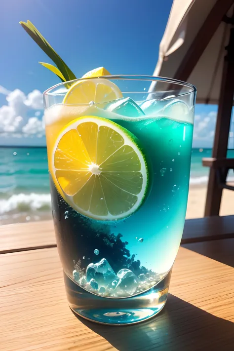 Macro photography depicts picnic scenes themed around a tropical beach vacation in summer。The protagonist of this photo is a cool glass filled with iced carbonated drinks。Lens focus glasses、A wide variety of fruits、The dazzling midday sun、fisheyelens、View ...
