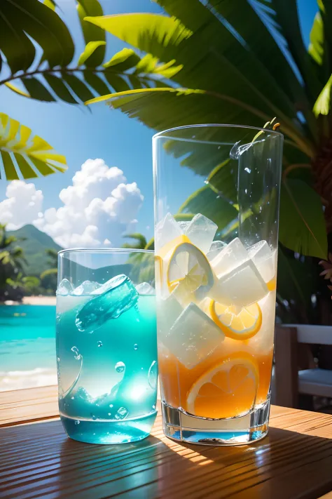 The photography depicts picnic scenes themed around a summer tropical beach holiday。The protagonist of this photo is a cool glass filled with iced carbonated drinks。Lens focus glasses、A wide variety of fruits、The dazzling midday sun、fisheyelens、View from a...