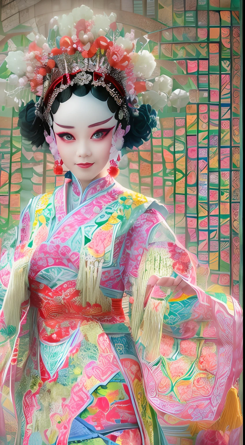 （ 1 girl， CNOperaCrown，solo，sportrait， Peking Opera costumes，looking at viewert， ssmile， From the front， putting makeup on， head gear)，White background，(paper art, Quilted paper art:1.2, geomerty:1.1, zentangle,a 3D render), (Extremely colorful, Best quality, Detailed details, Masterpiece, offcial art, movie light effect, 4K)