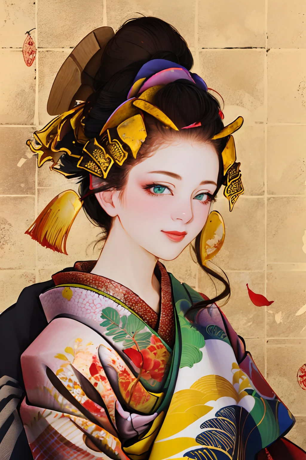 A. 🌸Beautiful kimono like an oiran、Black Hair Glossy Hair Ornament、Portrait photo of woman with dainty smile and red lipstick、Autumn background that creates elegance、Red petals fluttering in the wind。masutepiece, Best Quality, (8k wallpaper of extremely detailed CG unit) (Best Quality), (Best Illustration), (Best Shadows) ,Draw pictures depicting the colors and landscapes of autumn nature。NP、Trees with autumn leaves々、Autumn twilight、It is a good idea to incorporate ginkgo trees etc...。Try to incorporate food and other things in the drawing that give a hint of autumn in the background。