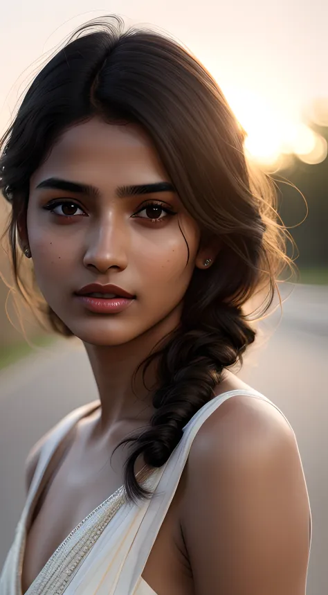 young Indian girl, 18-year-old, no bindi,traditional dress, gentle sun lighting on face , intricate facial details, flawless com...