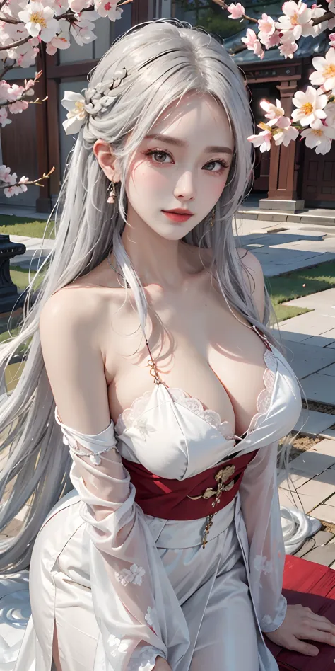Photorealistic, high resolution, Soft light,1womanl, Solo, Hips up, shiny skins, (Detailed face),tattoo, jewelry, Wedding Hanfu, All red, White hair, cherry blossom, Night, White wavy hair, Beautiful soldiers, Invite the eyes of the audience, Lover's persp...