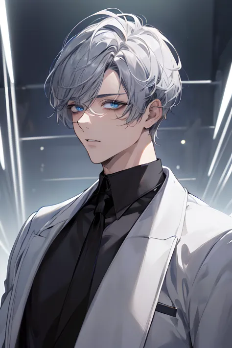 (​masterpiece、top-quality、absurderes)、 25-year-old adult male、Detailed pupil glow、short, twitchy gray hair，Long bangs，light blue  eyes,Lower lashes、High Neck Black Shirt，Contre-Jour，A lot of rabbits，