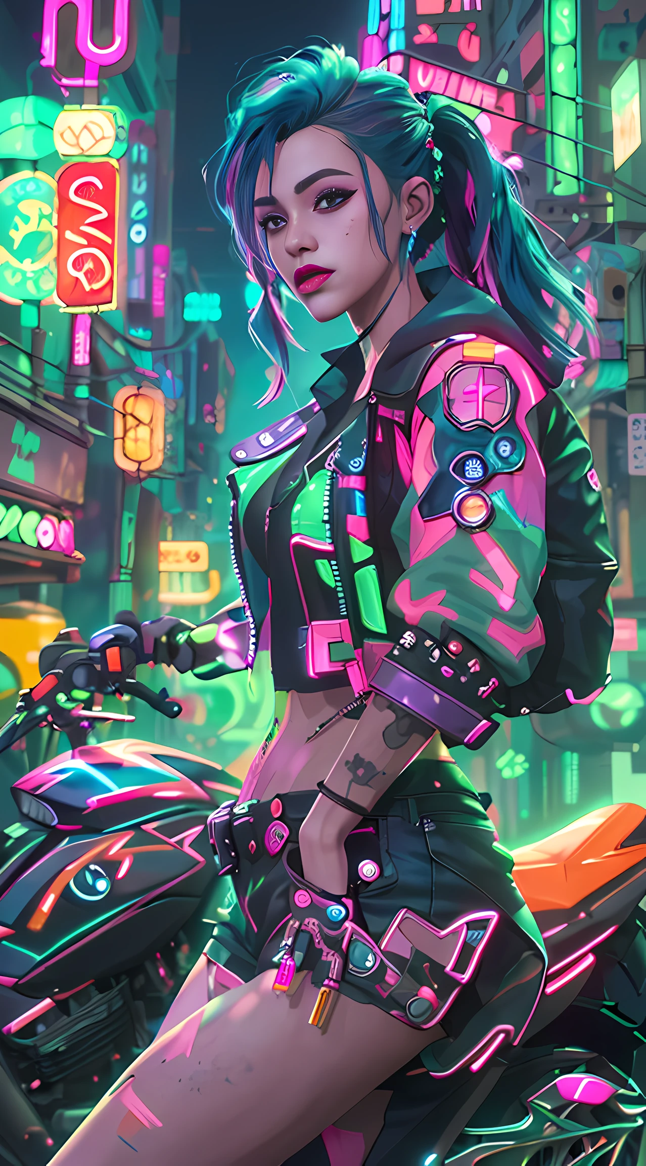 masterpiece, best quality, Confident cyberpunk girl, full body shot, ((standing in front of motorcycle)), Harajuku-inspired pop outfit, bold colors and patterns, eye-catching accessories, trendy and innovative hairstyle, vibrant makeup, Cyberpunk dazzling cityscape, skyscrapers, neon signs, LED lights, bright and vivid color scheme, anime, illustration, detailed skin texture, detailed cloth texture, beautiful detailed face, intricate details, ultra detailed, neon light.