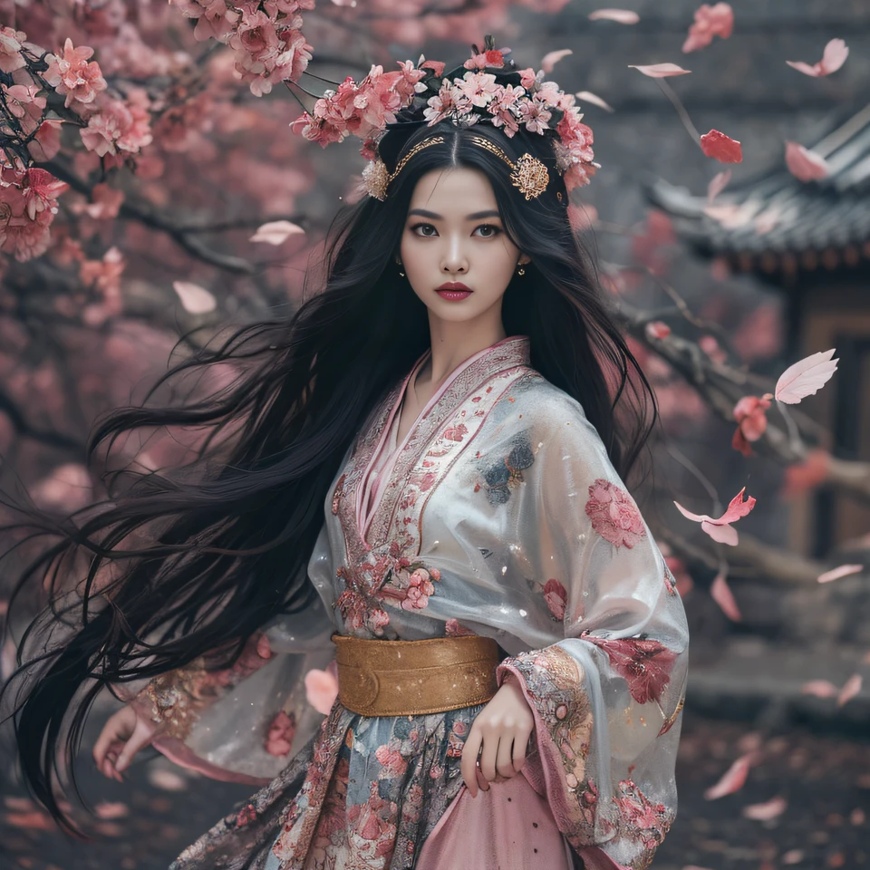 32K（tmasterpiece，k hd，hyper HD，32K）Long flowing black hair，ponds，zydink， a color， Aozhou people （Concubine girl）， （Silk scarf）， Combat posture， looking at the ground， long whitr hair， Floating hair， Carp pattern headdress， Chinese long-sleeved clothing， （Abstract gouache splash：1.2）， Pink petal background，Pink and white lotus flowers fly（realisticlying：1.4），Black color hair，Fallen leaves flutter，The background is pure， A high resolution， the detail， RAW photogr， Sharp Re， Nikon D850 Film Stock Photo by Jefferies Lee 4 Kodak Portra 400 Camera F1.6 shots, Rich colors, ultra-realistic vivid textures, Dramatic lighting, Unreal Engine Art Station Trend, cinestir 800，Long flowing black hair，Denim skirt