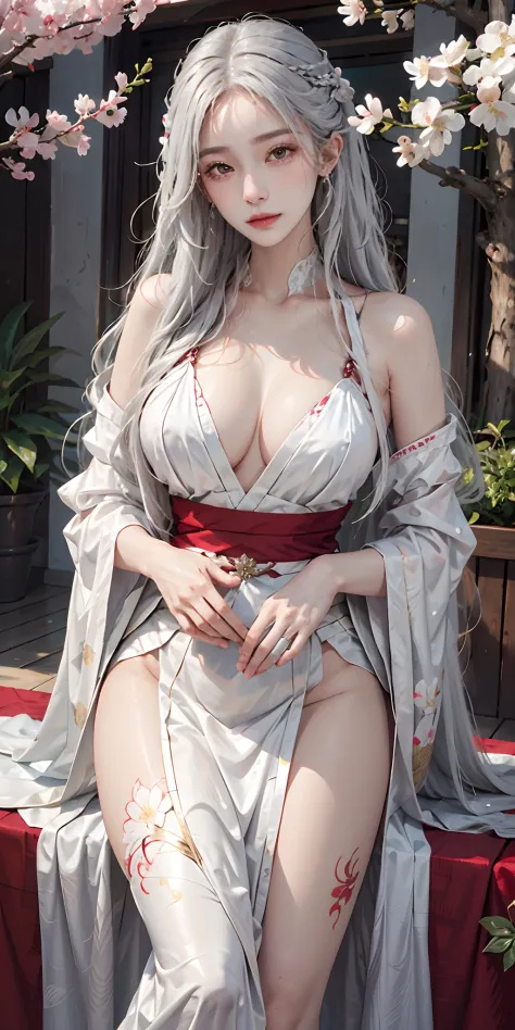 Photorealistic, high resolution, Soft light,1womanl, Solo, Hips up, shiny skins, (Detailed face),tattoo, jewelry, Wedding Hanfu, All red, White hair, cherry blossom, Night, White wavy hair, Beautiful soldiers, Catch the audience's eye, Lover's perspective,...