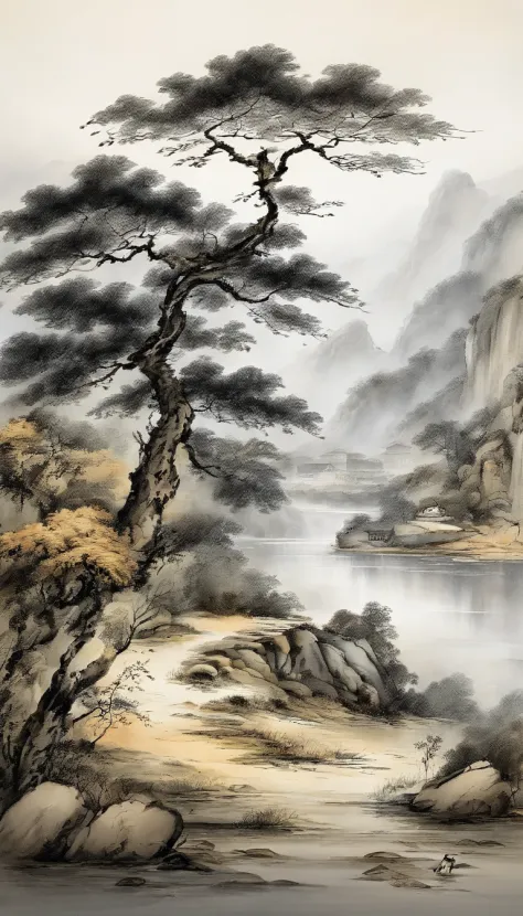 Chinese landscape painting，ink and watercolor painting，water ink，ink，Smudge，Faraway view，Ultra-wide viewing angle，Meticulous，Five cow diagram，Five scalpers，River side，Small Stone Bridge，grassy fields，The tree，The vista is a mountain，（8k wallpaper），（light a...