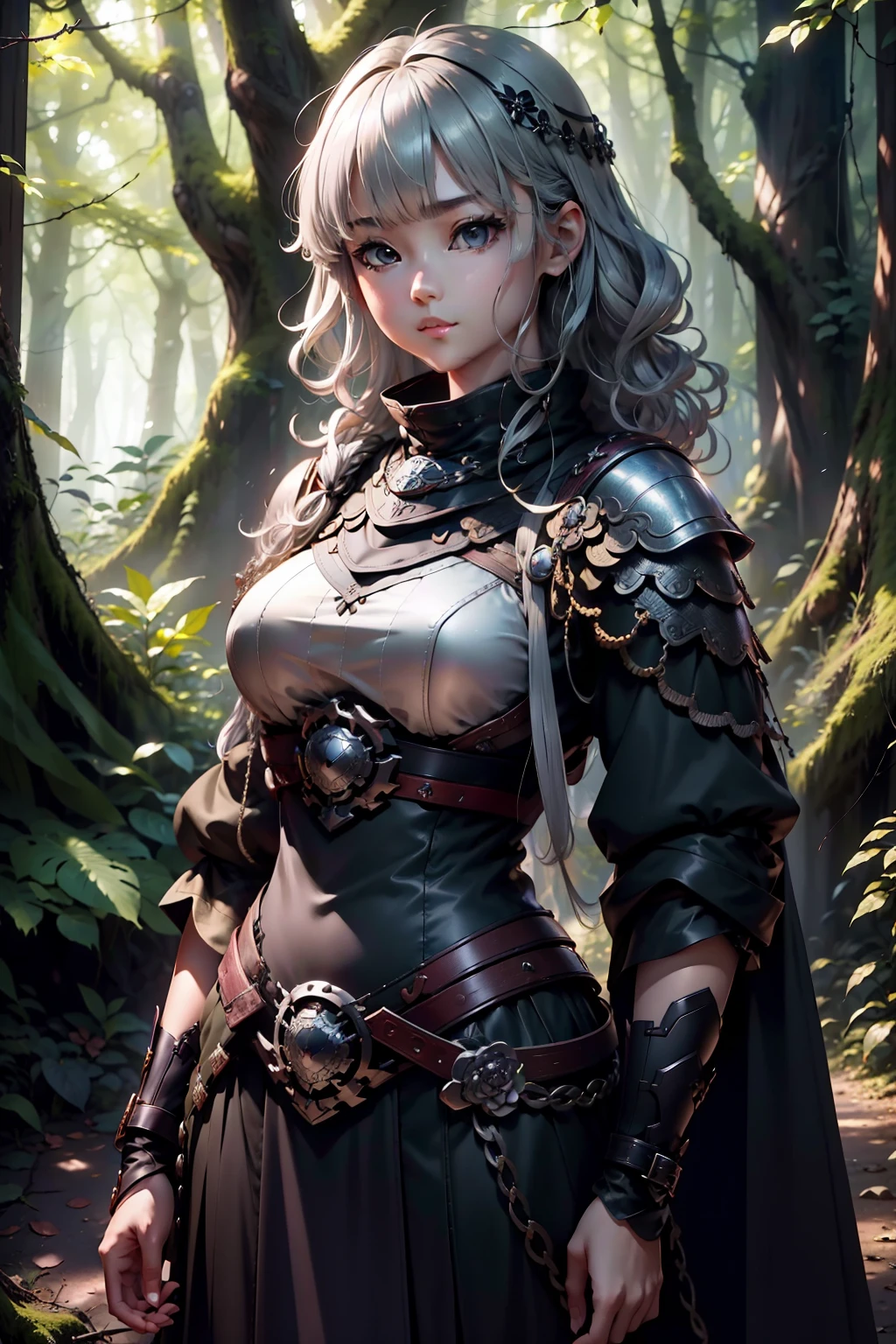 masutepiece、超A high resolution、Powerful images、8K、scene inside forest、15 year old tall girl、Silver-haired short bob、Curly hair、eyes large、Blackchain Mail、Niō Standing、