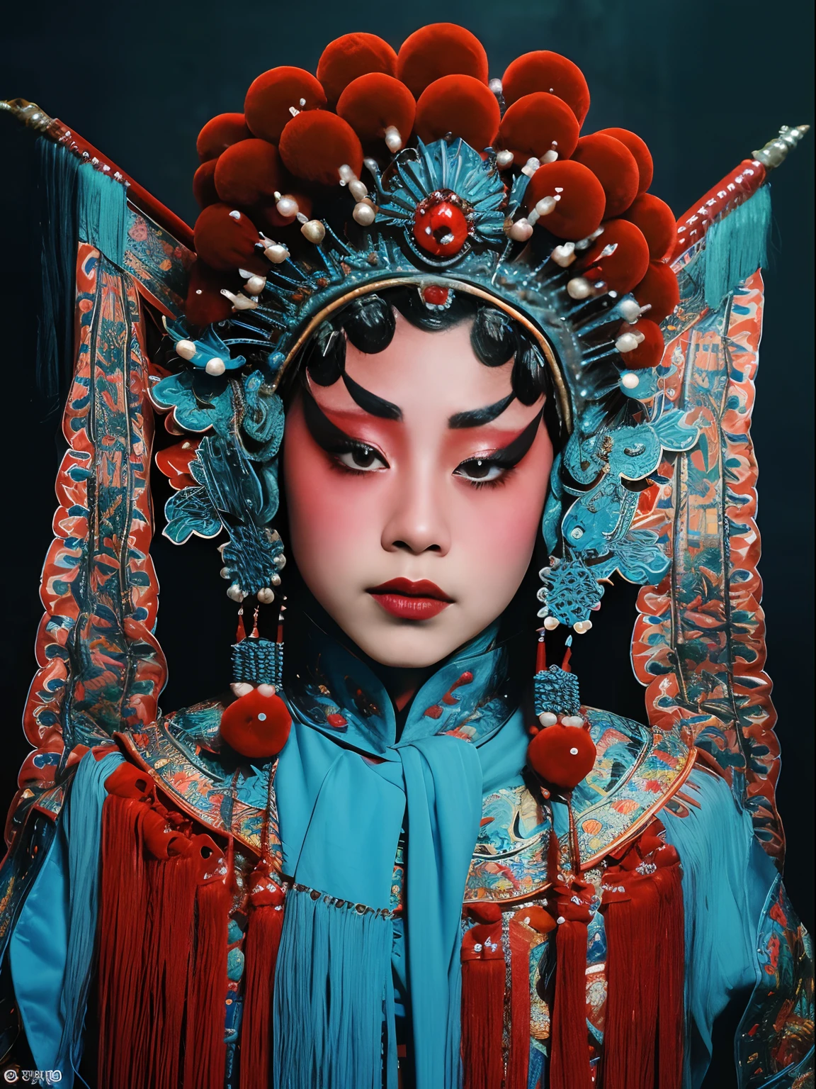 tmasterpiece：（（（CNOperaFlag）））， 8K，Portrait Photogram，Shocking，movie picture quality，。CNOperaCrown， From the front， looking at viewert， Beautiful makeup，Detailed portrayal of the face。Exquisite headdress， Gorgeous costumes， nipple tassels。Chinese red，cloisonne