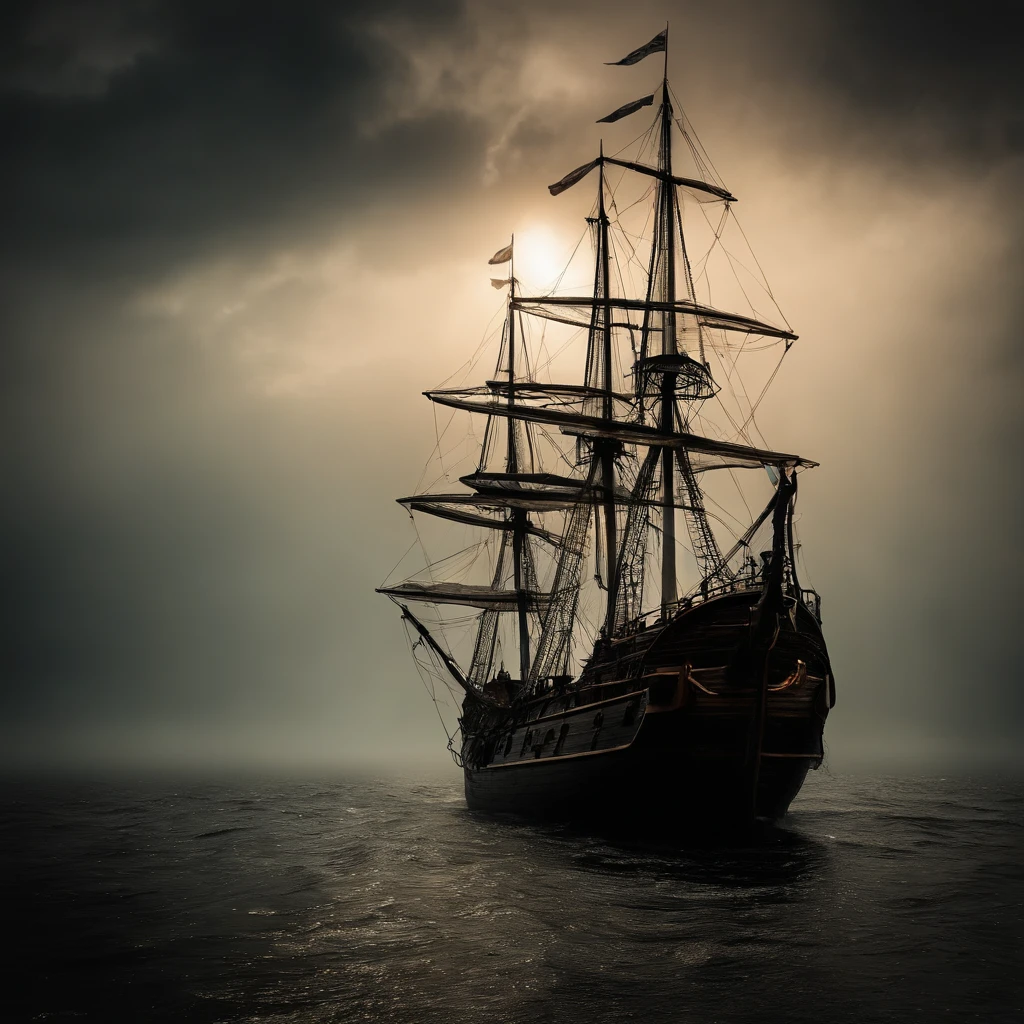 Ghost pirate ship,Old and dilapidated wooden boats,The sails are ...