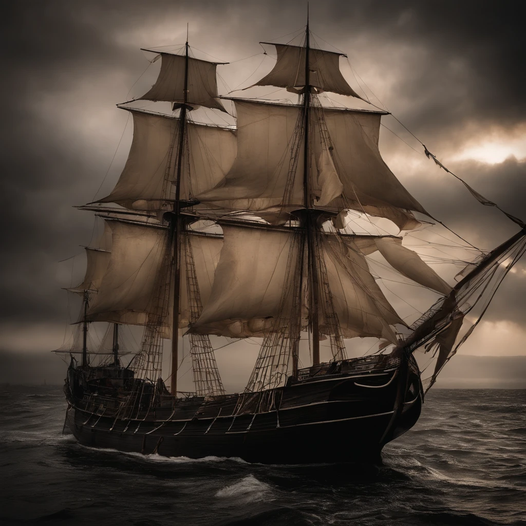 Ghost pirate ship,Old and dilapidated wooden boats,The sails are ...