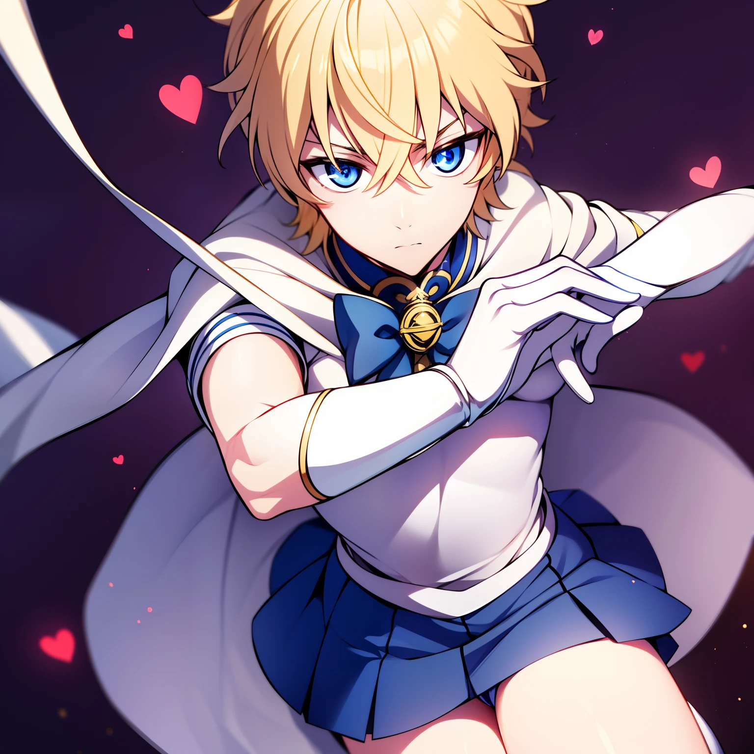 (Masterpiece), Best Quality, expressive eyes, a perfect face, 1boy, solo, blond hair, blue eyes, seifuku, sailor moon form, blue skirt, golden diadem with red heart in middle, white top, white long gloves