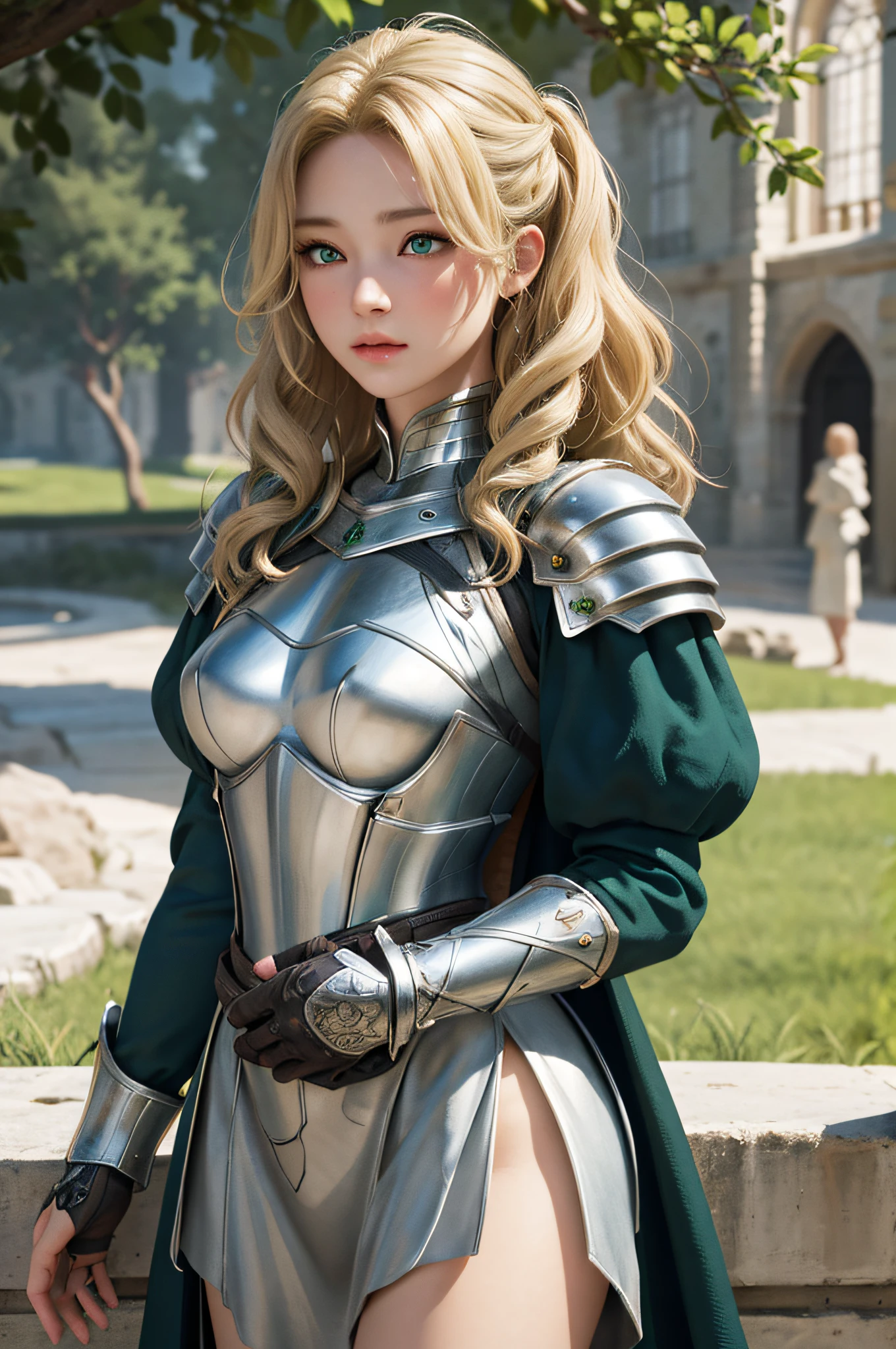 1girl, masterpiece, best quality, 8k, detailed skin texture, detailed cloth texture, beautiful detailed face, intricate details, ultra detailed, a european girl, green eyes, blonde curly hai, 3D character, Medieval Knight