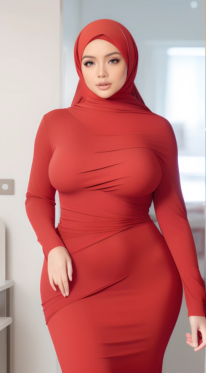 A woman in a red dress and hijab poses for a picture - SeaArt AI