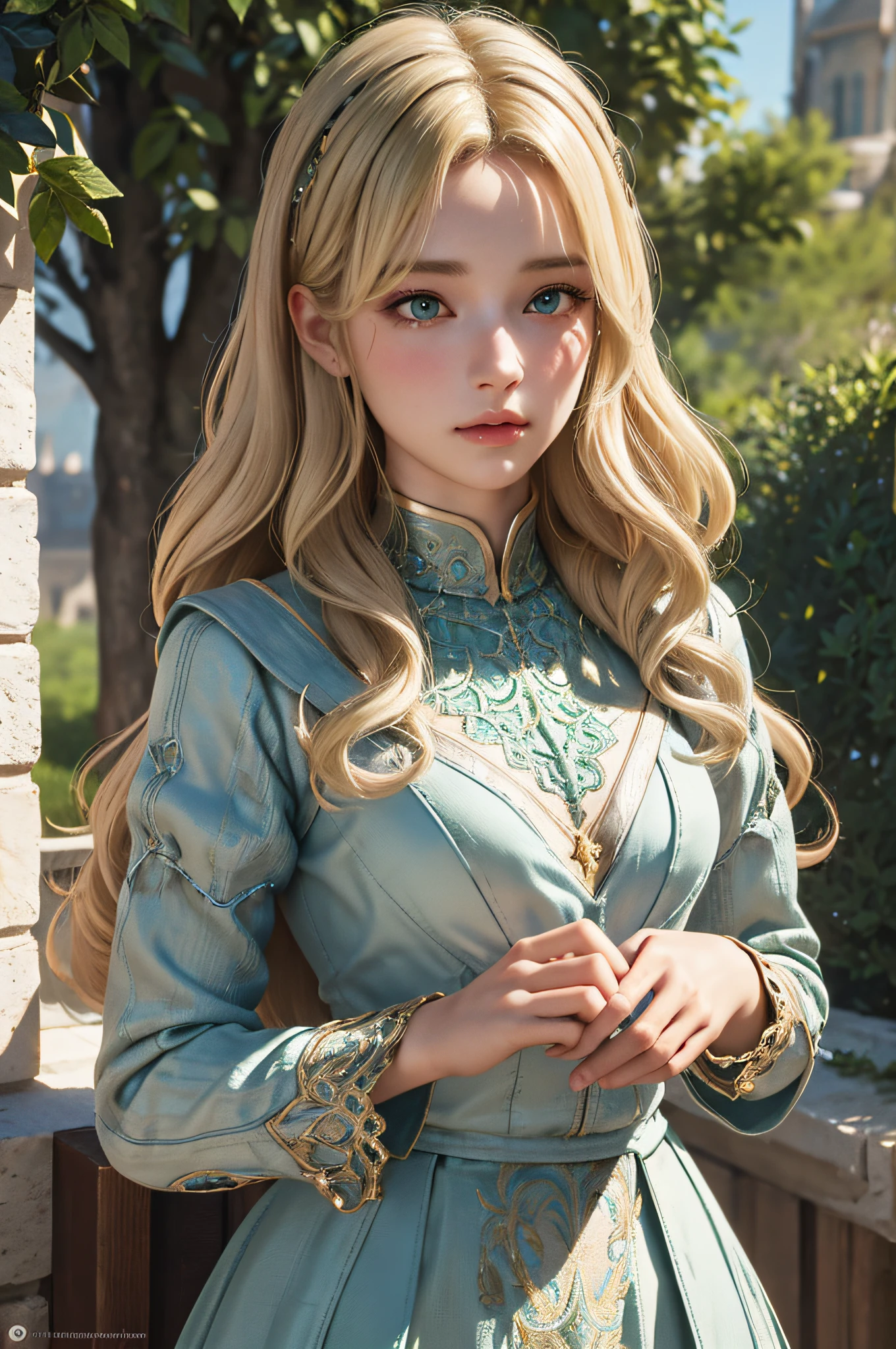 1girl, masterpiece, best quality, 8k, detailed skin texture, detailed cloth texture, beautiful detailed face, intricate details, ultra detailed, a european girl, green eyes, blonde curly hai, 3D character, Medieval Knight