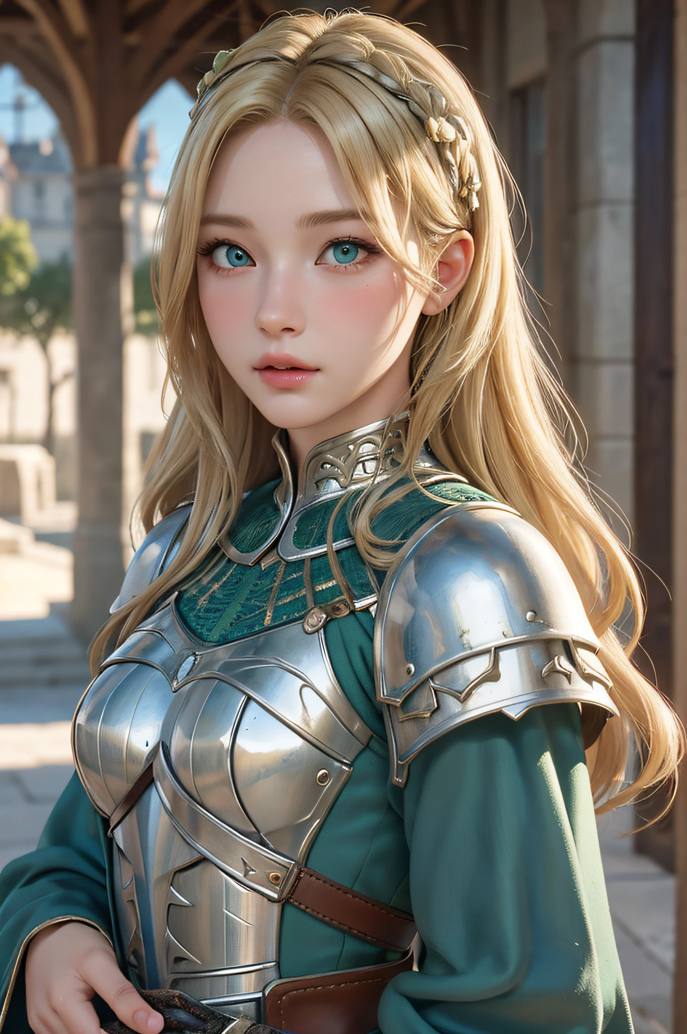 1girl, masterpiece, best quality, 8k, detailed skin texture, detailed cloth texture, beautiful detailed face, intricate details, ultra detailed, a european girl, green eyes, blonde curly hai, 3D character, Medieval Knight