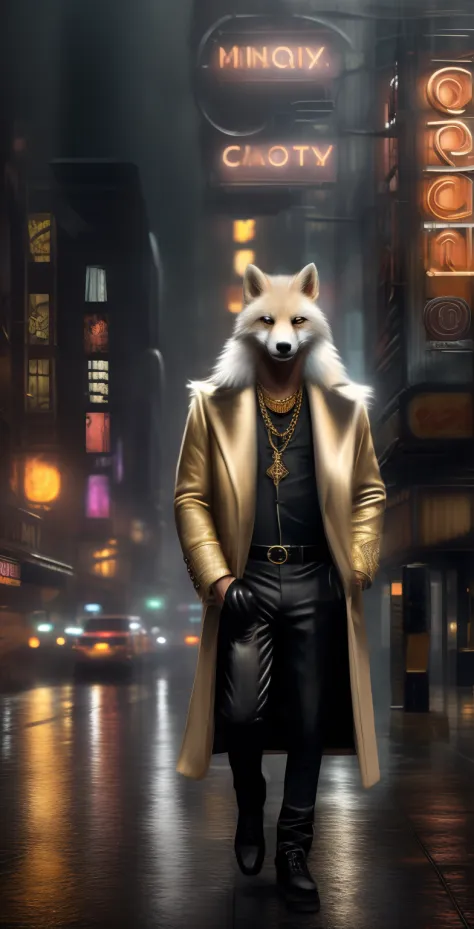 ((realistic)), ((detailed)), illustration, scene perspective (urban setting), character appearance (white fur fox-headed and hum...