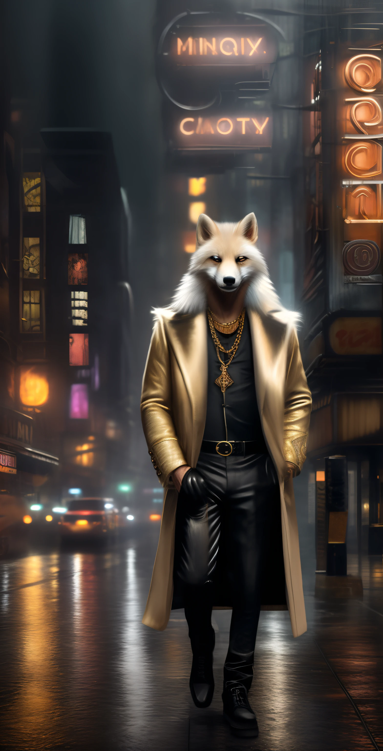 ((realistic)), ((detailed)), illustration, scene perspective (urban setting), character appearance (white fur fox-headed and humanoid body wearing a sleek overcoat, gold chains, and rings while smoking a cigar amidst a rainy night with an imposing air), background elements (wet streets reflecting the city lights, neon signs and buildings in the background).