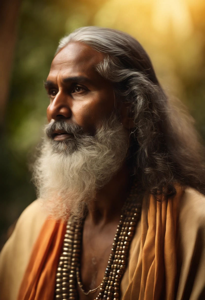 "A person resembling an Indian babaji, mature personality, confident look, priest, rishi, monk, yogi, spritual guru, he looks like mixers of australoid and negro race, indian, he has captured in a medium shot, sparks, glossy, dust particles, 3D look, sunshine, feathers, HD, flowers, studio, digital studio, Glowing hair, glossy eyes,((ultra realistic:1.8)),((Best quality)), ((Masterpiece)),((Detailed)),RAW, (Upper body shot:1.3),(Full body portrait:1.2)."