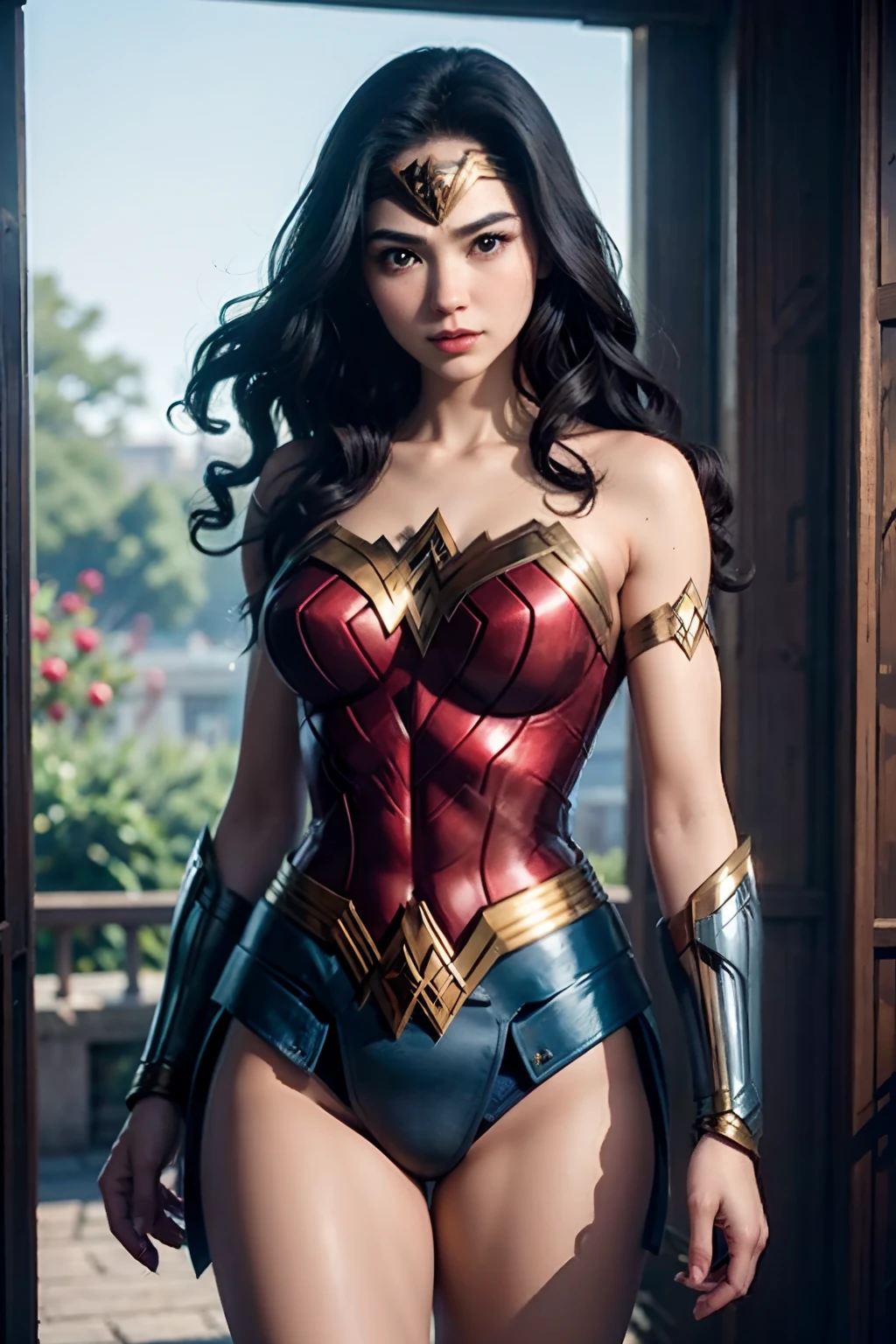 Wonder woman, to jump, Wonder before the sky_Woman_Cosplay_put on clothes、
Good Hand、4K、hight resolution、​masterpiece、top-quality、headw:1.3、((Hasselblad photo))、Fine skin、foco nítido、(Cinematographic lighting)、natta、Soft lighting、dynamic ungle、[:(详细的脸:1.2):0.2]、Medium chest、Outside、