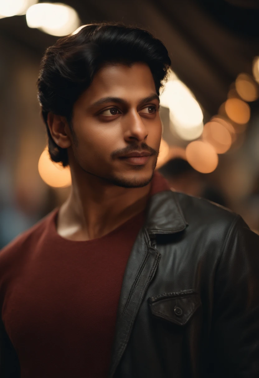 (best quality,realistic,portrait style,ultra-detailed),hyperrealistic depiction of a 20-year-old Indian man, bearing a striking resemblance to Elon Musk and Shahrukh Khan, gazing directly into the camera, clear complexion, happy eyes, vivid colors