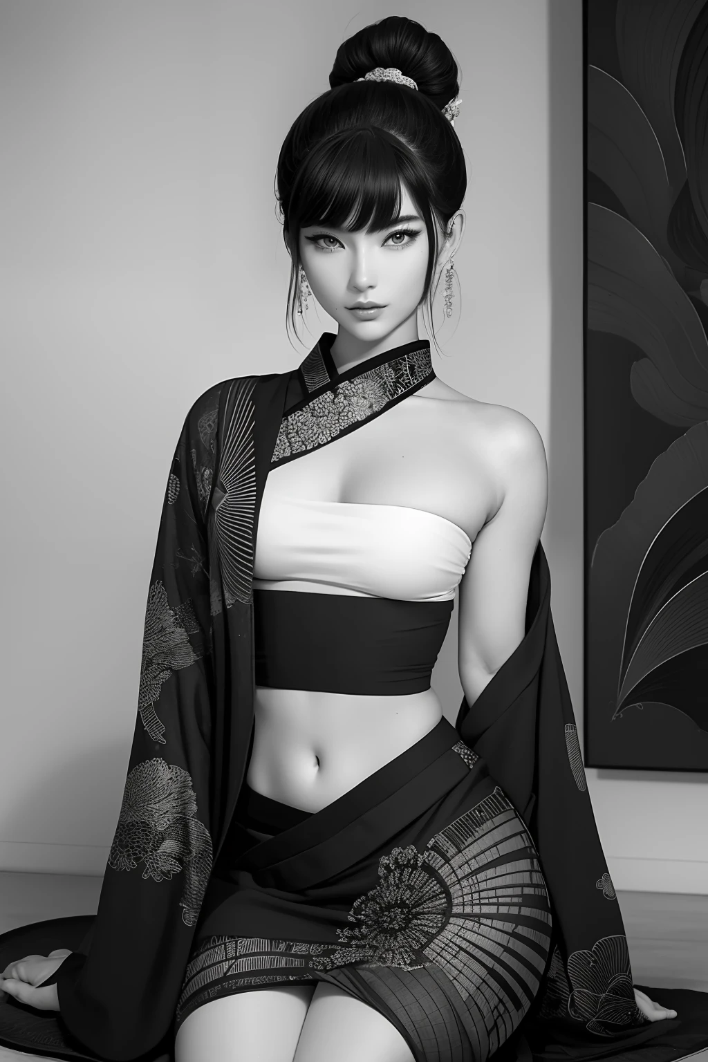 Un beau samouraï sexy, beau visage, beau corps délicat, Corps séduisant, porter un kimono ouvert sexy et séduisant.

L&#39;œuvre d&#39;art est créée dans un médium rappelant les peintures à l&#39;encre japonaises......, avec des coups de pinceau audacieux et une palette de couleurs monochromes. La technique magistrale de l&#39;artiste fait ressortir l&#39;intensité et la puissance de la présence de l&#39;image est de la plus haute qualité, avec chaque détail capturé parfaitement en ultra haute résolution. Les textures du kimono et les motifs complexes sont rendus avec une extrême précision. L&#39;éclairage est soigneusement conçu pour renforcer l&#39;effet dramatique, avec des ombres profondes et des reflets subtils.

Général, L’œuvre dégage un sentiment d’élégance et de puissance, combinant l&#39;esthétique japonaise traditionnelle avec une touche de modernité. La palette de couleurs monochromes, combiné avec les détails exquis, crée une expérience captivante et immersive pour le spectateur.