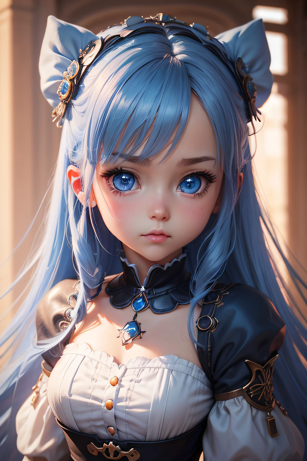 Close-up of a doll with blue eyes and tiers, a character portrait inspired by WLOP, pixiv, Fantasy Art, Adorable Digital Painting, cute detailed digital art, cute 3d render, Cute digital art, kawaii realistic portrait, Advanced Digital Chibi Art, Chibi Art, Chibi Girl, anime chibi, render of a cute 3d anime girl