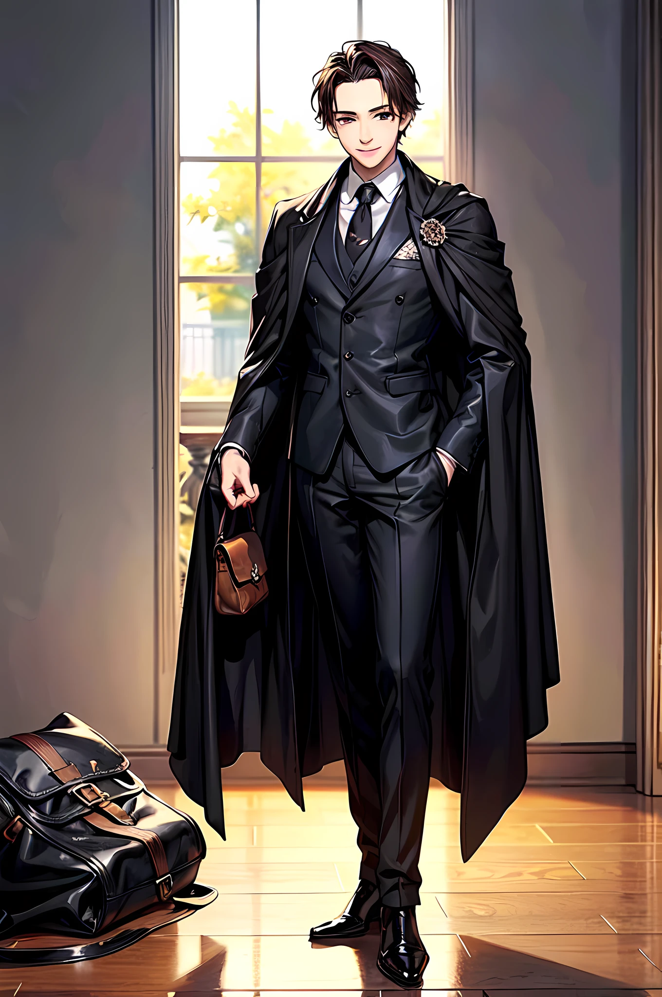 best quality,masterpiece,original,extremely detailed wallpaper,looking at viewer,1boy,solo,male,male focus,black eyes,smile,brown hair,short hair,forehead,swept bangs,black suit,black cloak,bag,standing,