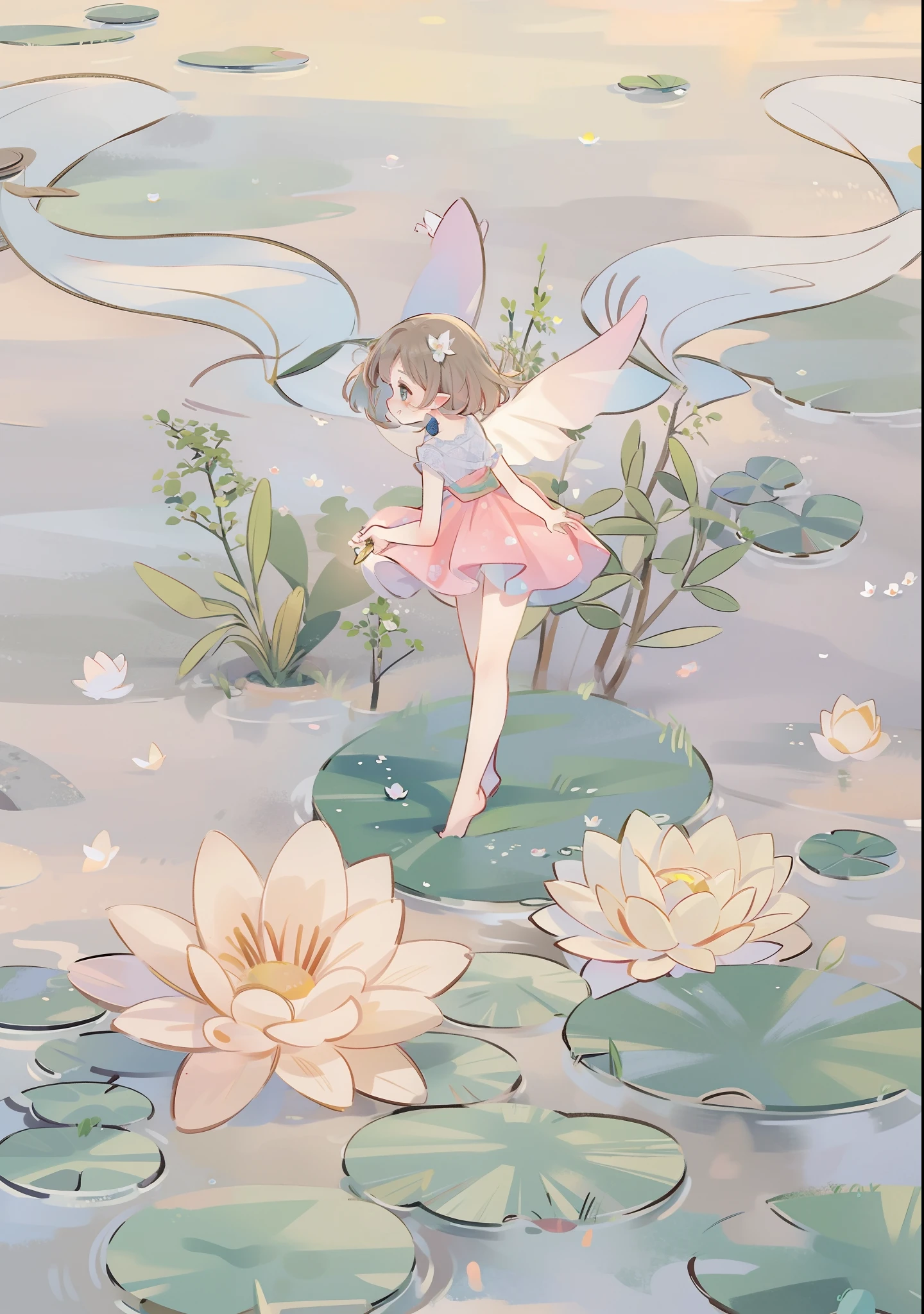 Anime girl with wings and a pink dress standing on a lily - SeaArt AI