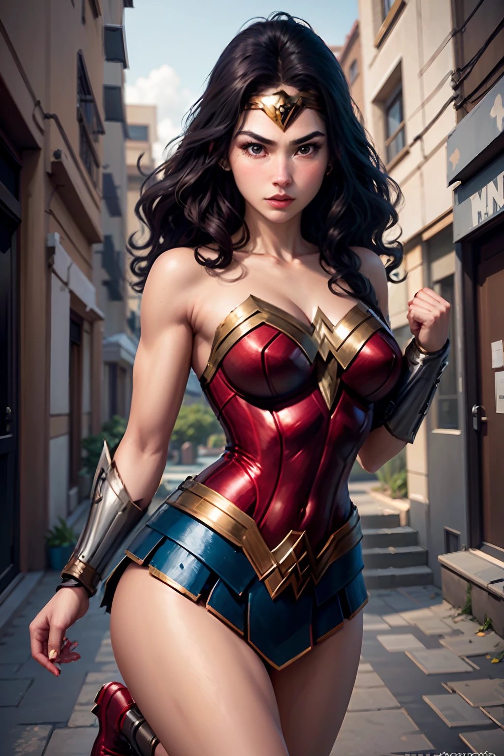 Offensive Stance, Wonder woman, to jump, Empty background, Good Hand、4K、hight resolution、​masterpiece、top-quality、headw:1.3、((Hasselblad photo))、Fine skin、foco nítido、(Cinematographic lighting)、natta、Soft lighting、dynamic ungle、[:(详细的脸:1.2):0.2]、Medium chest、Outside、