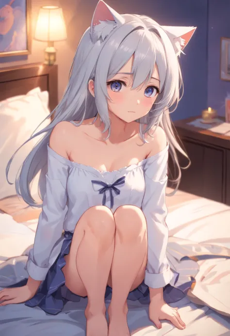 White long sleeve shirt，Born figure，A girl who is too cute no matter who looks、Bare shoulders，Cat ears，Shy Expressions，Open white shirt，Shoulders exposed，a cute loli，Leaky shoulders，Barefoot，Look up at your head，Lie on the ground，largeeyes，Cute faces in an...
