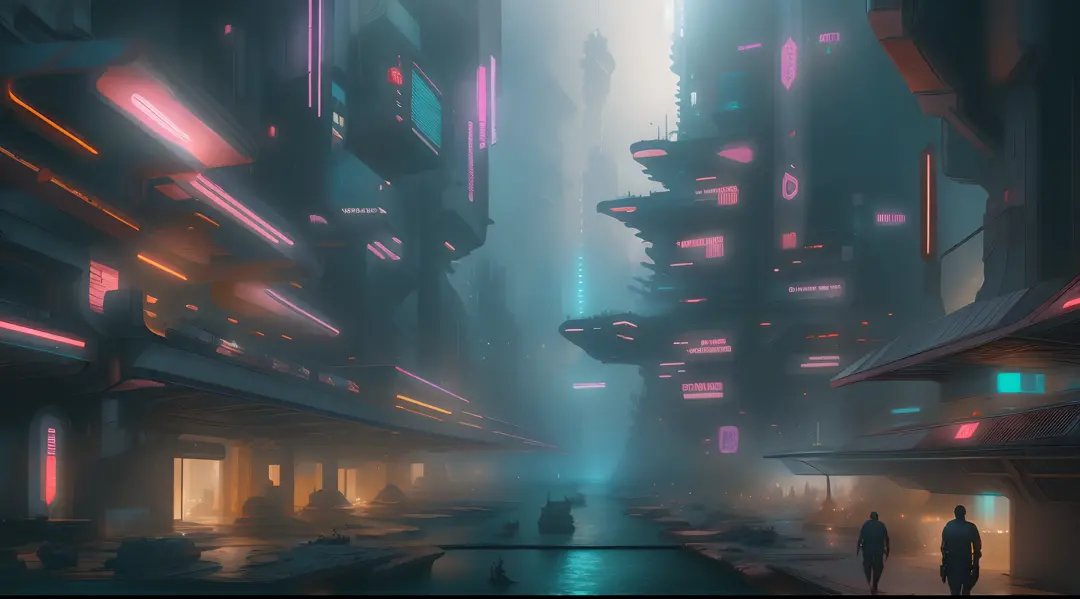 Futuristic Cyberpunk City with river, scenography, Blade Runner city, fantastical scenes, insane details, trending on ArtStation.