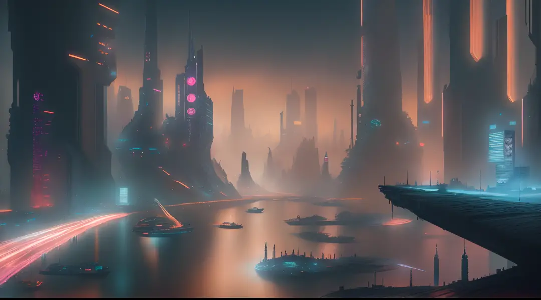 Futuristic Cyberpunk City with river, scenography, Blade Runner city, fantastical scenes, insane details, glowing LED lights, megastructures, trending on ArtStation.