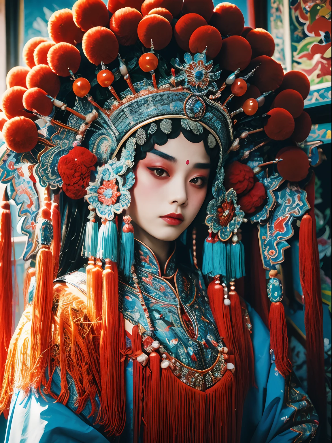 tmasterpiece：（（（CNOperaFlag）））， 8K，Portrait Photogram，sportrait，Shocking，movie picture quality，。CNOperaCrown， From the front， looking at viewert， Beautiful makeup，Detailed portrayal of the face。Exquisite headdress， Gorgeous costumes， nipple tassels。Chinese red，cloisonne，The correct structure of the human body，Complete hands