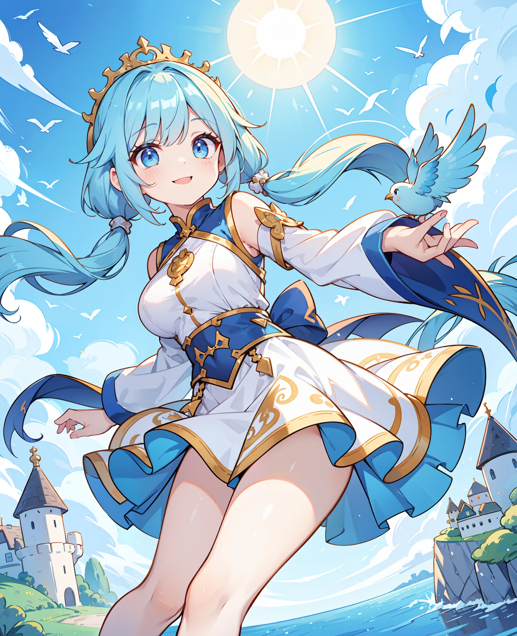 A sky castle with full of village, birds on the sky ,sun ,brightness , 1 lady with 2 extra legs , (boobs size 13) , cute , staring, smiling bright , sexy , princess clothes , light blue hair with 2 pigtails , aquamarine color eyes, tight waist , extra people on the background, quality, nice , gorgeous