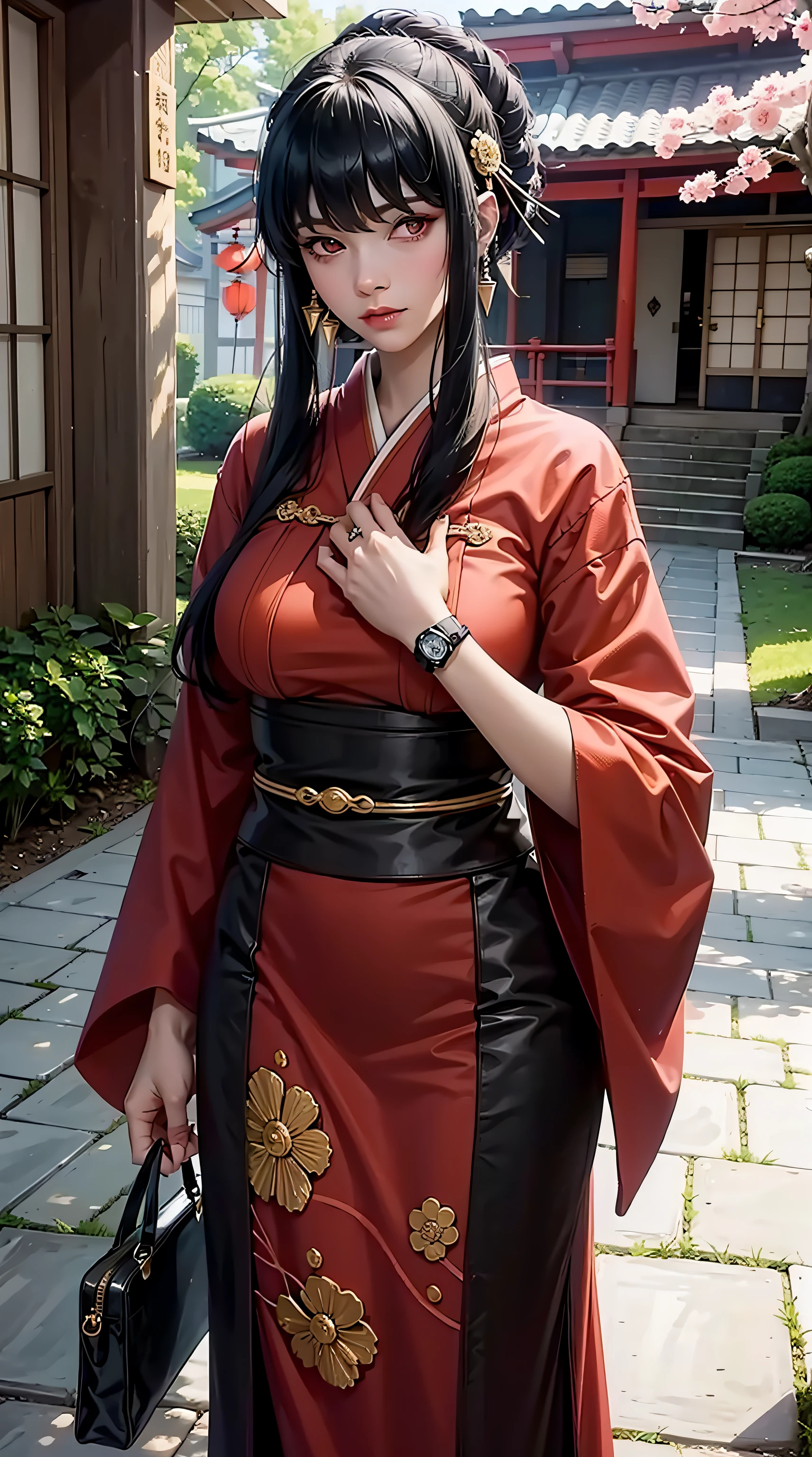 aayorf, ojos rojos, pelo negro, pelo largo, Golpes, pelo en un moño, Hermoso, Hermoso woman, cuerpo perfecto, pechos perfectos, Usando un kimono, usando aretes, lleva puesto un reloj, estar en el jardin, Cerezo, casa tradicional japonesa, espectador mirando, leve sonrisa, realism, obra maestra, piel texturizada, Súper detalle, Alto detalle, alta calidad, mejor calidad, 1080p, 16k