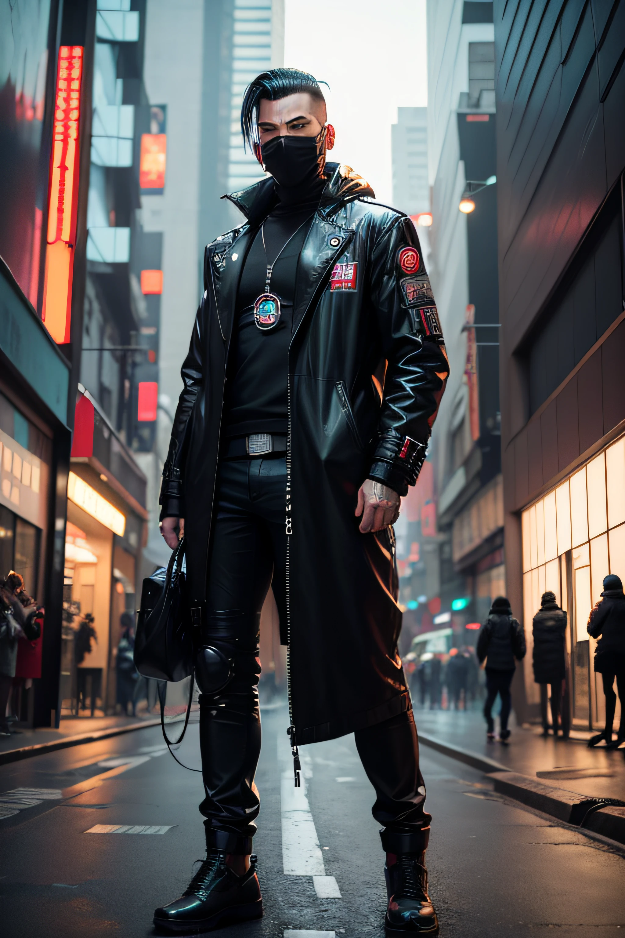 homem misterioso, cyberpunk na ruas de Tokio