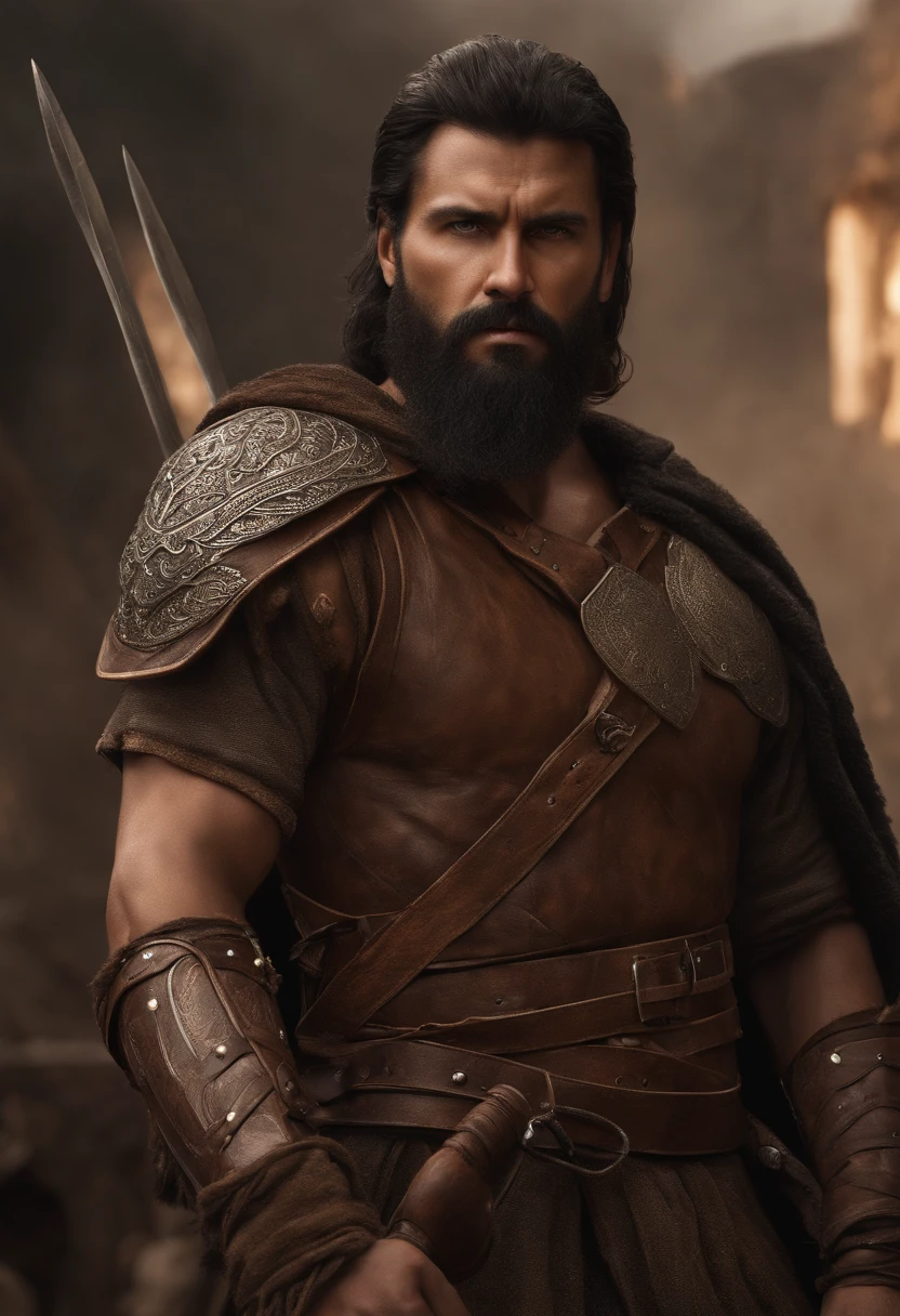 Masterpiece, High quality, Best quality, Beautiful, HD, Realistic, Perfect lighting, Detailed face, Detailed body, 1 man, Solo, Black hair, Green eyes, Long black beard, Gladiator style in brown and shabby leather clothing: 1.4), leather breastplate, 1 wooden spear in hand, background in war, Gladiator style, big muscular man, Robust, angry look,